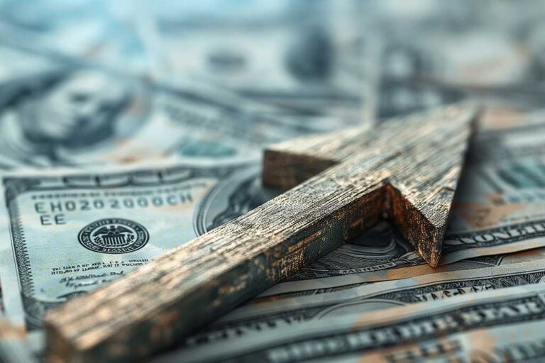 Wooden arrow pointing up on a background of hundred dollar bills