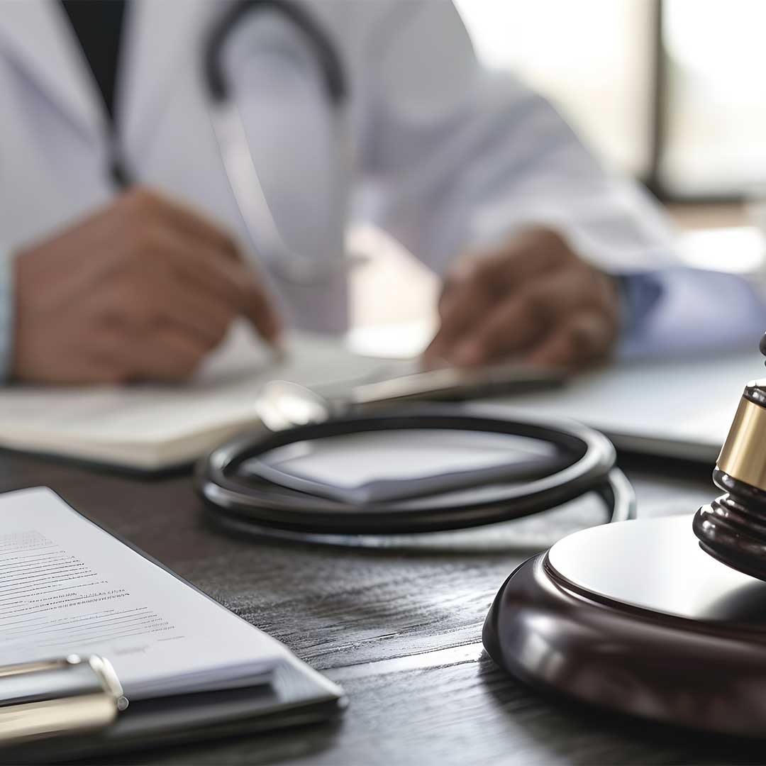 doctor writing in notebook with gavel on desk