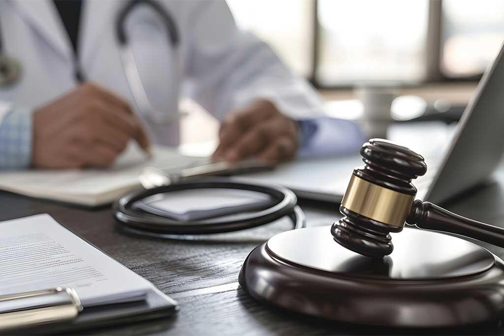 Doctor writing in a notebook with gavel on desk