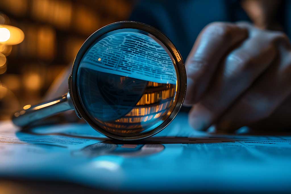 Magnifying glass reading Health Law text