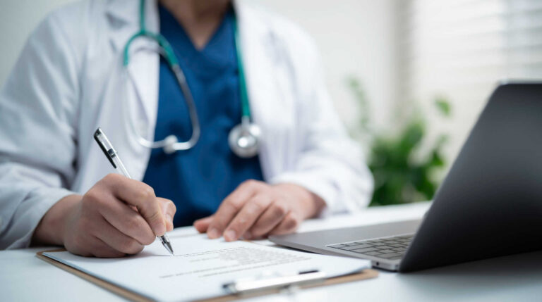 Healthcare provider signing medical documents at desk with laptop, representing policy compliance and administrative decisions for out-of-network providers